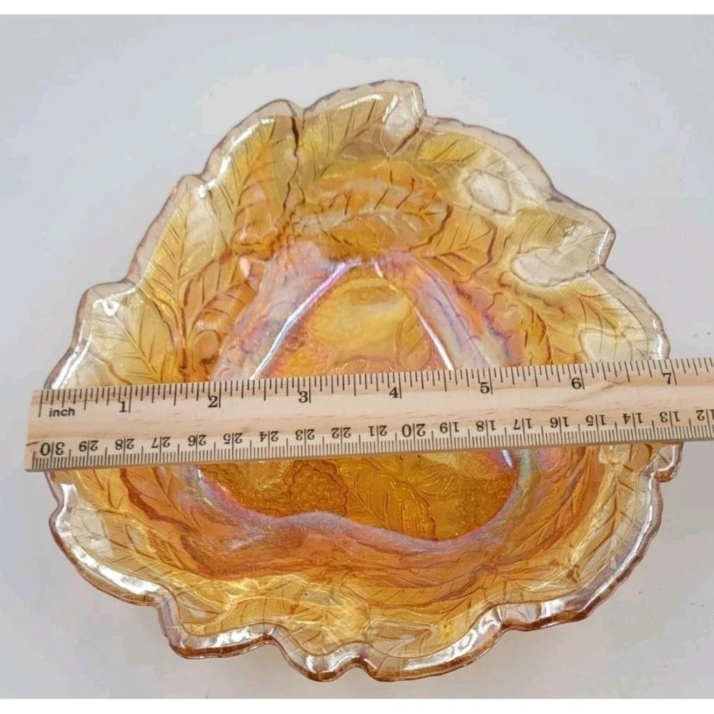 Vintage 70s Marigold Indiana Carnival Glass Iridescent Grapes & Leaves Bowl Dish